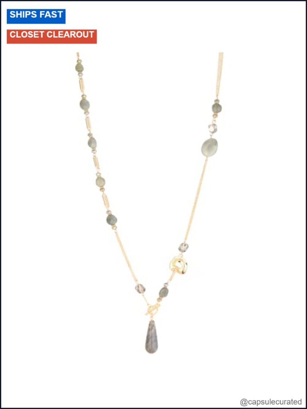 33.5" Long Gold Plated Natural Stone Beaded Y Necklace with Teardrop Pendant